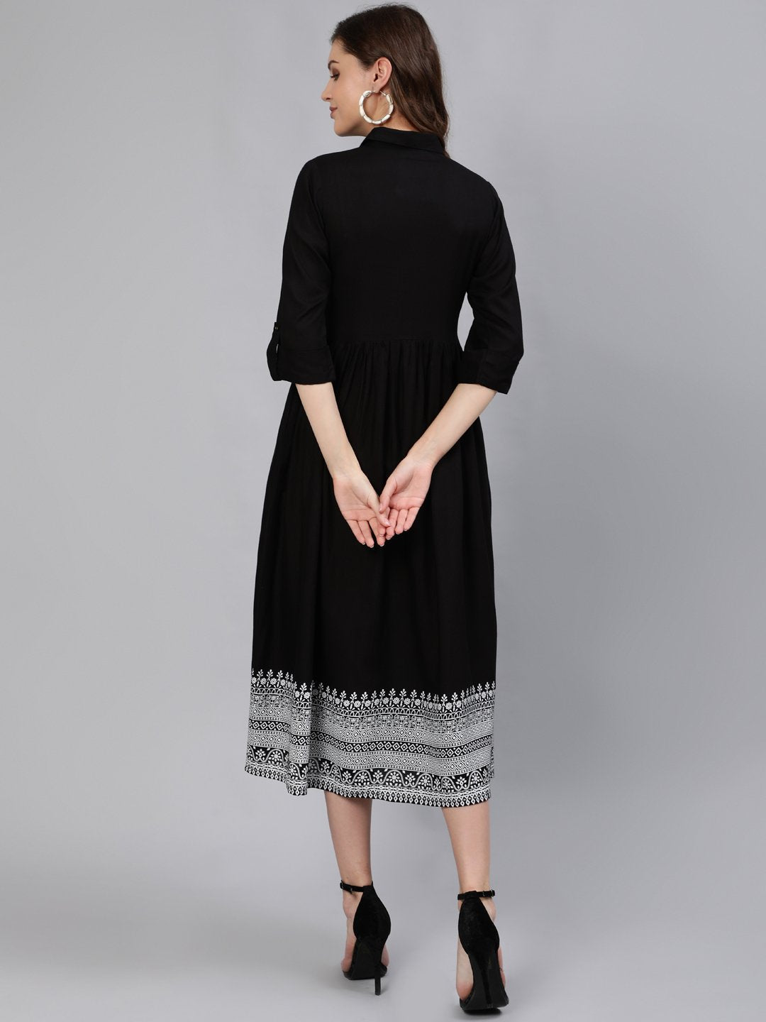Women Black Midi Dress With Three Quarter Sleeves | LASVINI - Redefining Indian Fashion with Elegance