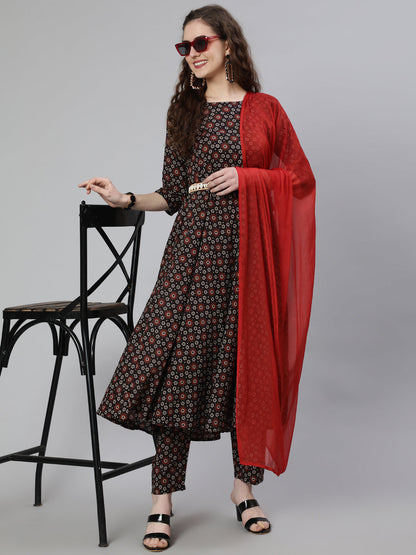 Women Black Printed Flared Kurta With Trouser & Dupatta | LASVINI - Redefining Indian Fashion with Elegance
