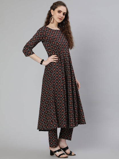 Women Black Printed Flared Kurta With Trouser & Dupatta | LASVINI - Redefining Indian Fashion with Elegance