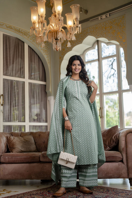 Women Green Floral Printed Straight Kurta With Plazo & Dupatta | LASVINI - Redefining Indian Fashion with Elegance