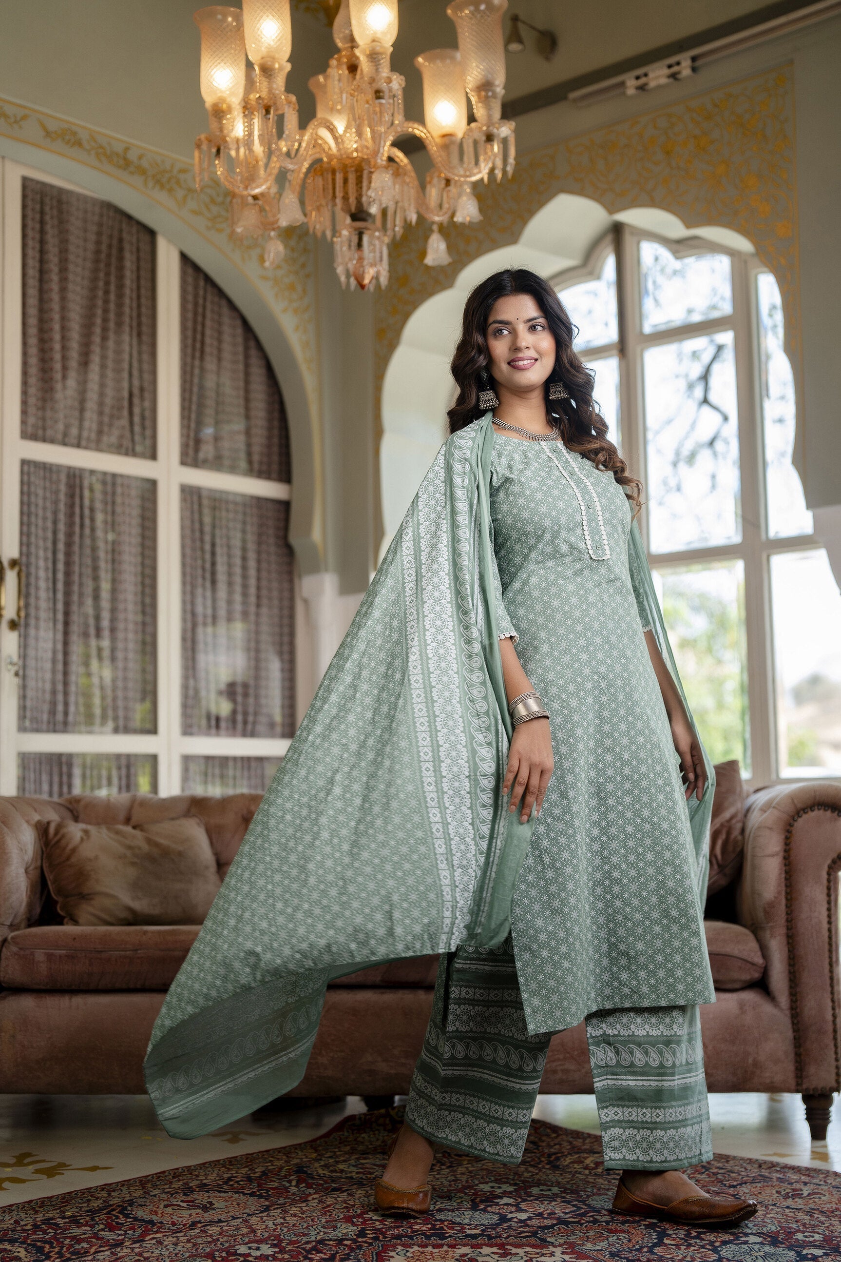 Women Green Floral Printed Straight Kurta With Plazo & Dupatta | LASVINI - Redefining Indian Fashion with Elegance