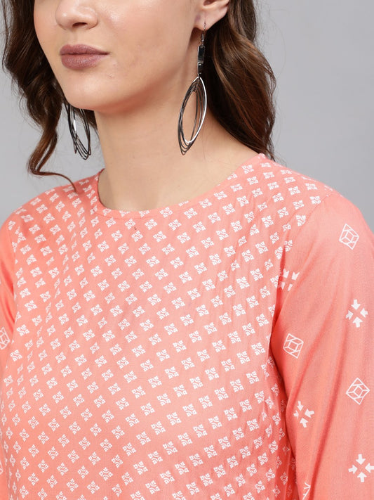 Women Peach Printed Dress With Three Quarter Sleeves | LASVINI - Redefining Indian Fashion with Elegance