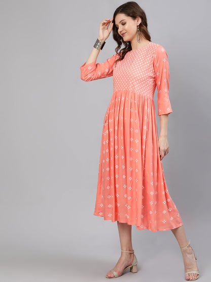 Women Peach Printed Dress With Three Quarter Sleeves | LASVINI - Redefining Indian Fashion with Elegance