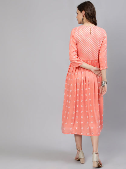 Women Peach Printed Dress With Three Quarter Sleeves | LASVINI - Redefining Indian Fashion with Elegance