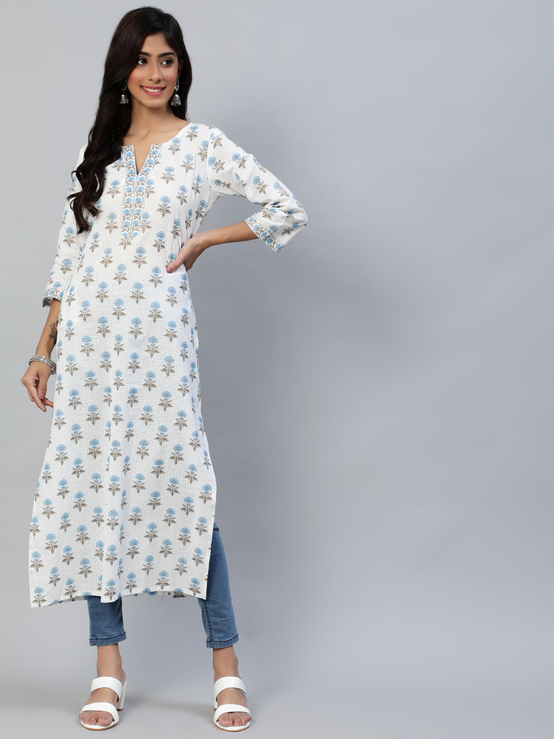 Women Off White Printed Straight Kurta With Three Quarter Sleeves | LASVINI - Redefining Indian Fashion with Elegance