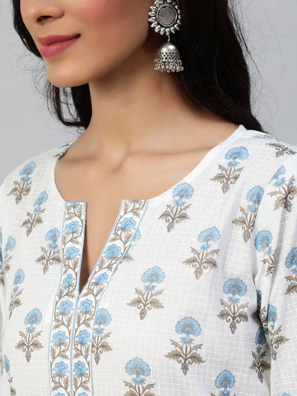 Women Off White Printed Straight Kurta With Three Quarter Sleeves | LASVINI - Redefining Indian Fashion with Elegance