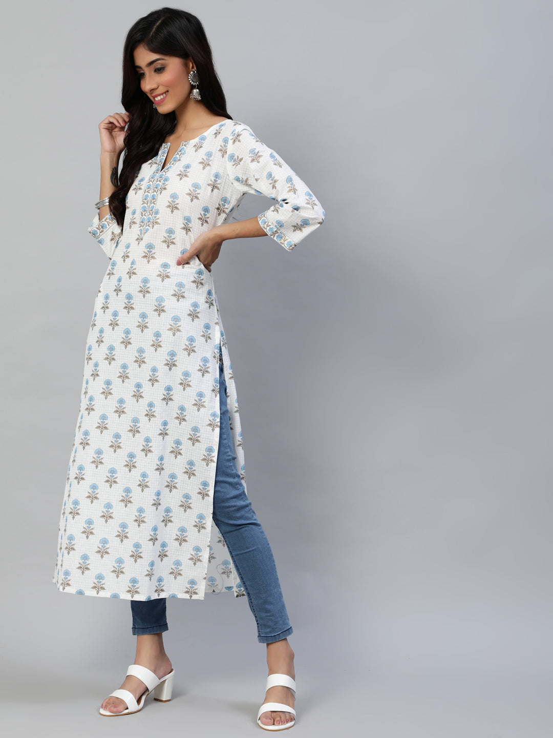Women Off White Printed Straight Kurta With Three Quarter Sleeves | LASVINI - Redefining Indian Fashion with Elegance