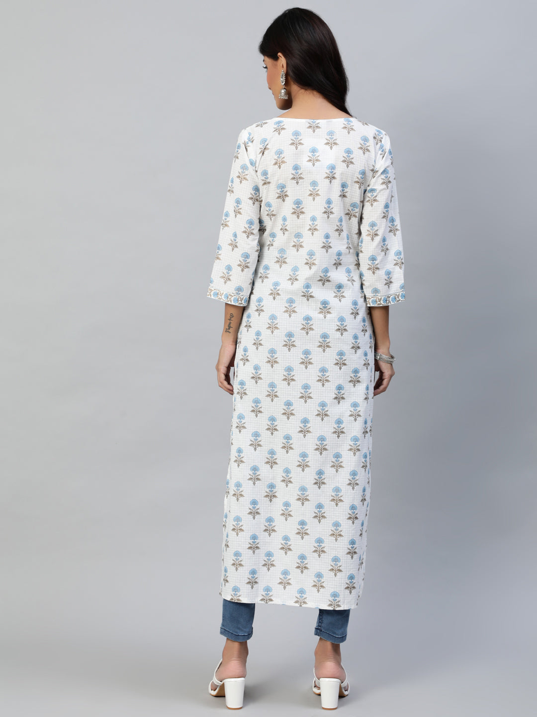 Women Off White Printed Straight Kurta With Three Quarter Sleeves | LASVINI - Redefining Indian Fashion with Elegance