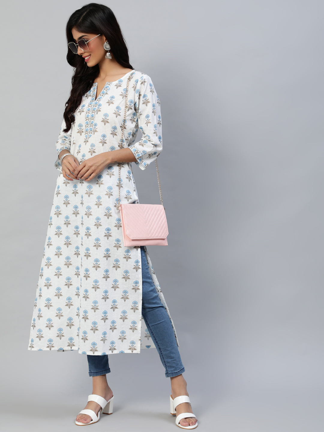 Women Off White Printed Straight Kurta With Three Quarter Sleeves | LASVINI - Redefining Indian Fashion with Elegance