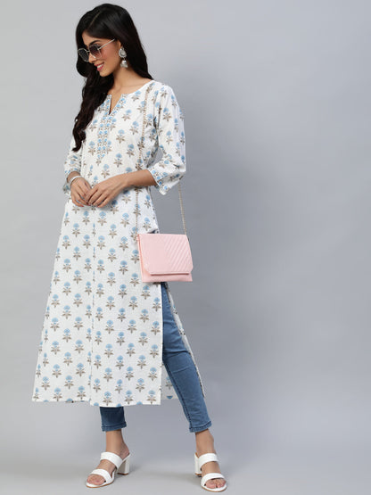 Women Off White Printed Straight Kurta With Three Quarter Sleeves | LASVINI - Redefining Indian Fashion with Elegance