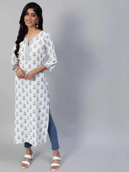 Women Off White Printed Straight Kurta With Three Quarter Sleeves | LASVINI - Redefining Indian Fashion with Elegance