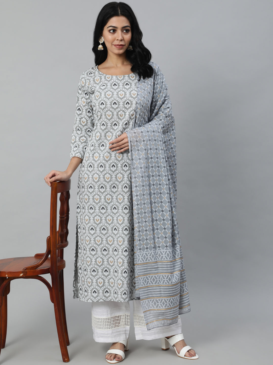 Women Grey Printed Straight Kurta With Plazo & Dupatta | LASVINI - Redefining Indian Fashion with Elegance