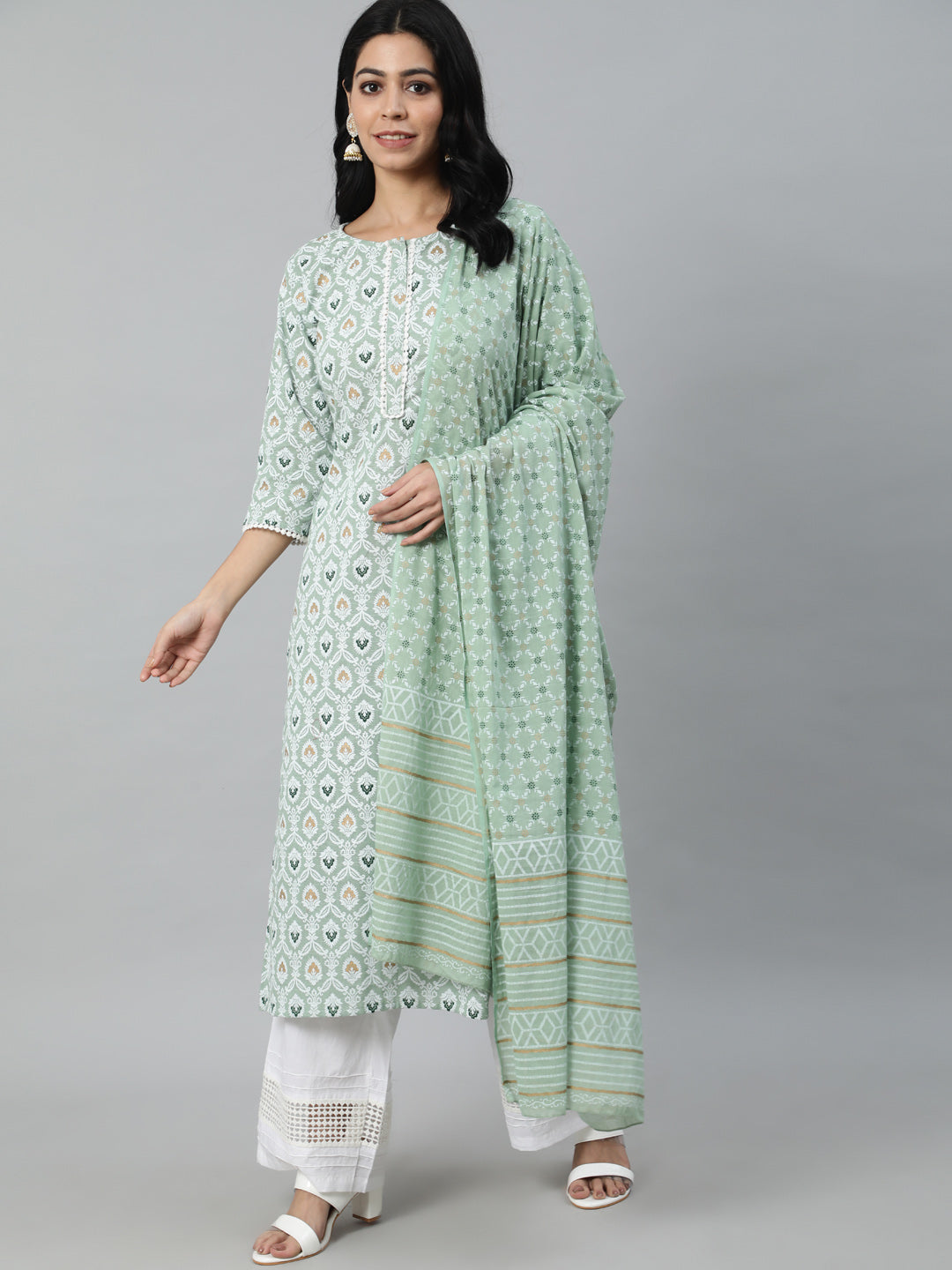 Women Green Printed Straight Kurta With Plazo & Dupatta | LASVINI - Redefining Indian Fashion with Elegance