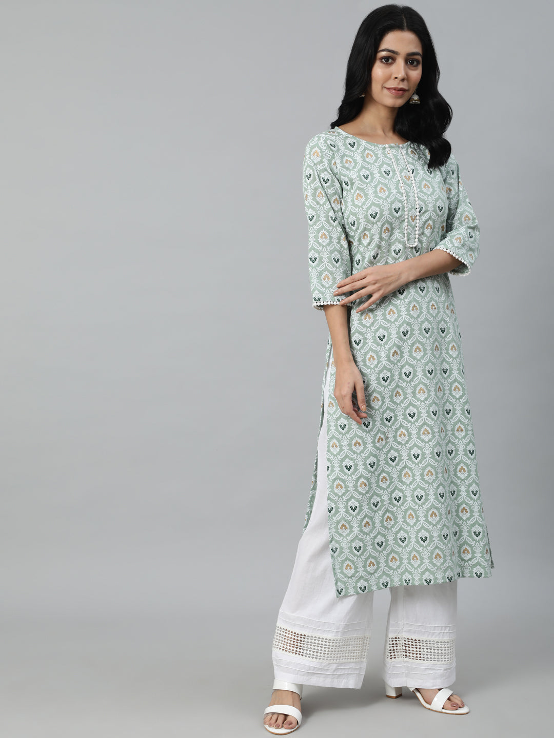 Women Green Printed Straight Kurta With Plazo & Dupatta | LASVINI - Redefining Indian Fashion with Elegance