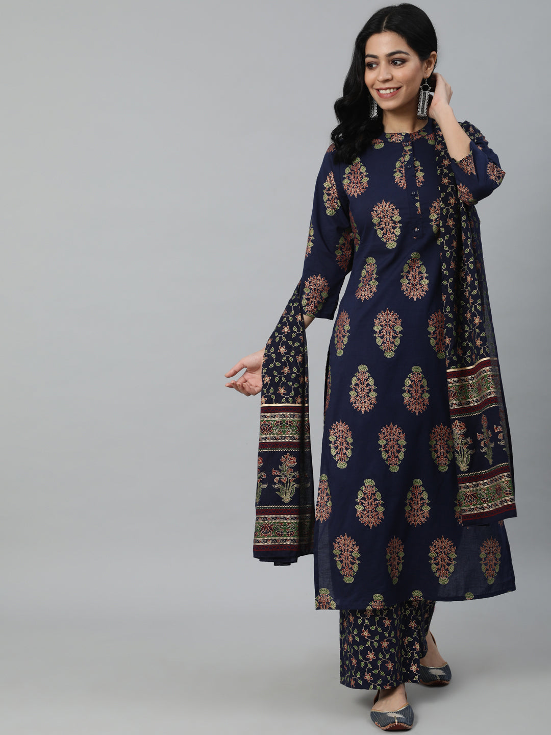 Women Blue & Gold Printed Straight Kurta With Plazo & Dupatta | LASVINI - Redefining Indian Fashion with Elegance