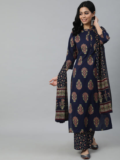 Women Blue & Gold Printed Straight Kurta With Plazo & Dupatta | LASVINI - Redefining Indian Fashion with Elegance
