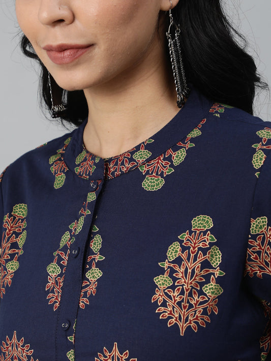 Women Blue & Gold Printed Straight Kurta With Plazo & Dupatta | LASVINI - Redefining Indian Fashion with Elegance