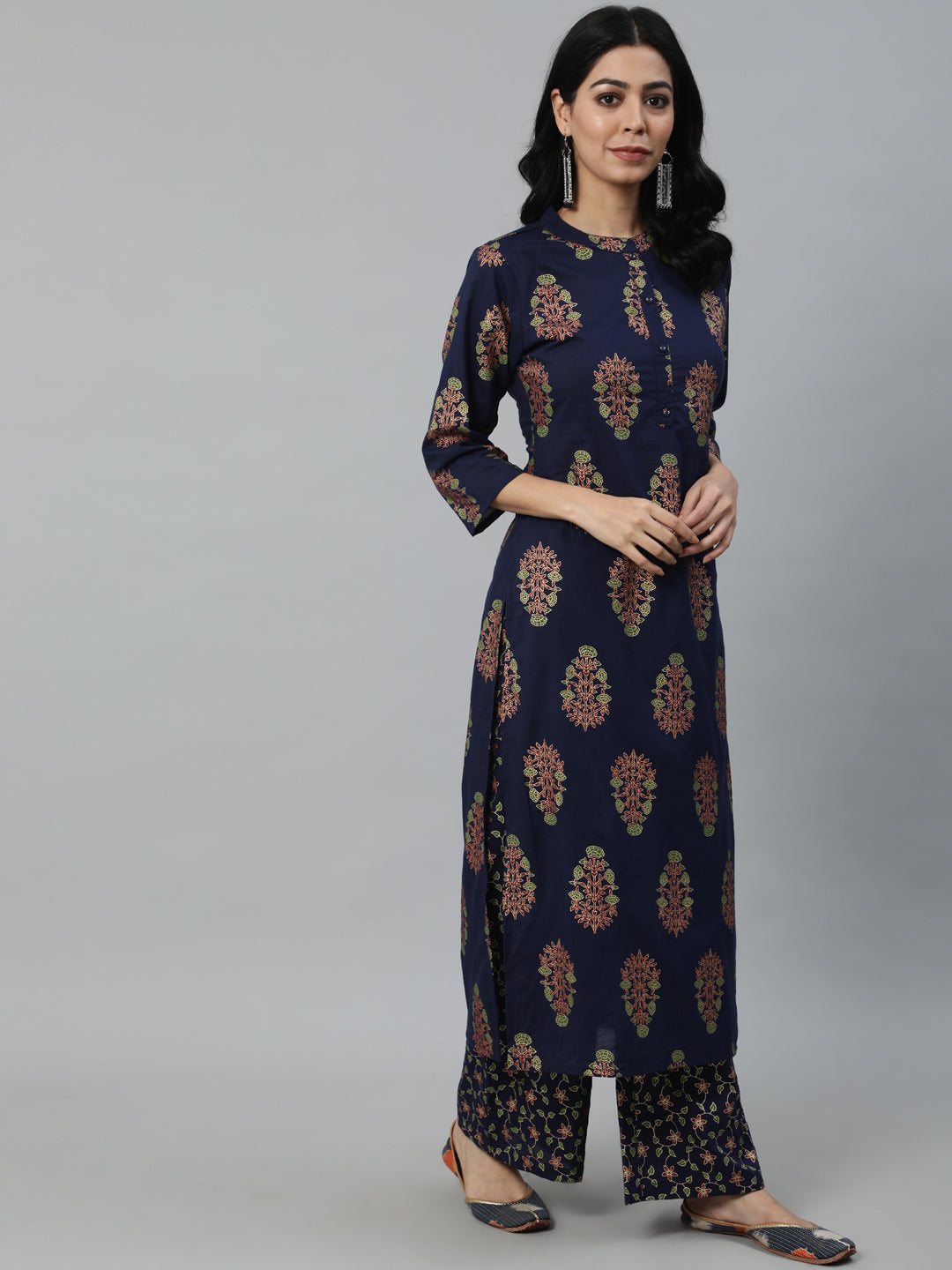 Women Blue & Gold Printed Straight Kurta With Plazo & Dupatta | LASVINI - Redefining Indian Fashion with Elegance