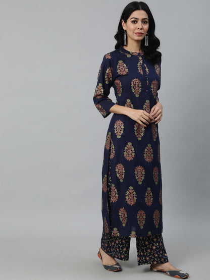 Women Blue & Gold Printed Straight Kurta With Plazo & Dupatta | LASVINI - Redefining Indian Fashion with Elegance