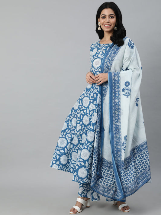Women Blue Floral Printed Flared Kurta With Trouse And Dupatta | LASVINI - Redefining Indian Fashion with Elegance