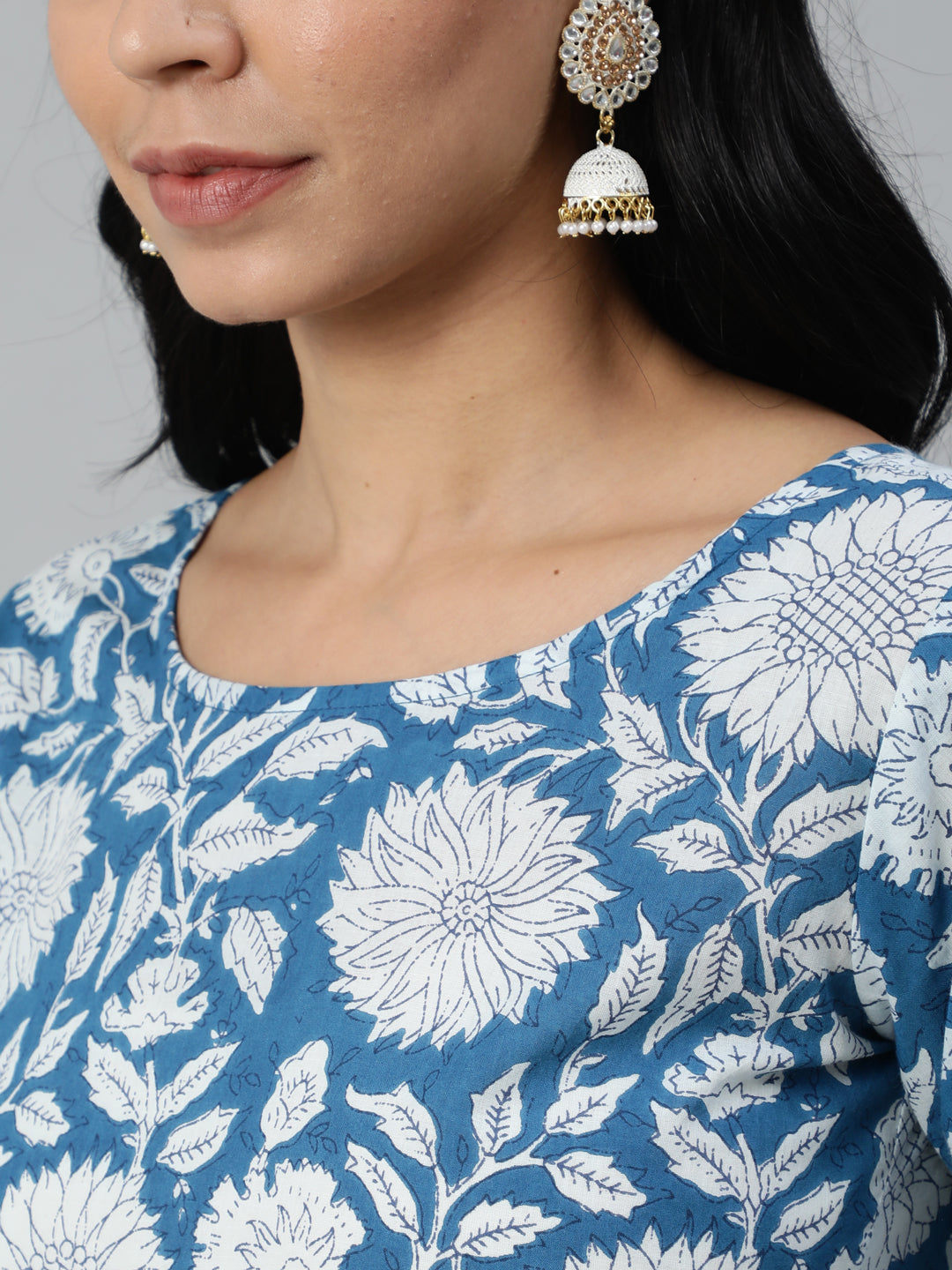 Women Blue Floral Printed Flared Kurta With Trouse And Dupatta | LASVINI - Redefining Indian Fashion with Elegance