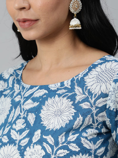 Women Blue Floral Printed Flared Kurta With Trouse And Dupatta | LASVINI - Redefining Indian Fashion with Elegance