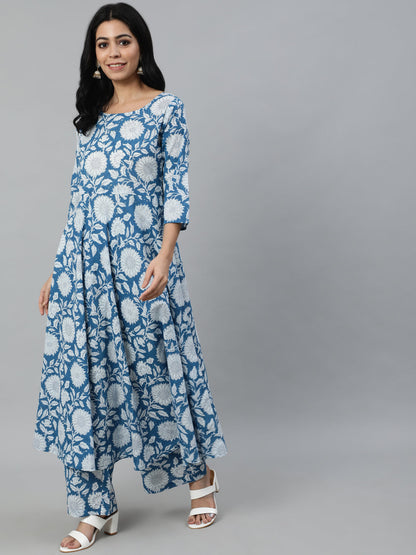Women Blue Floral Printed Flared Kurta With Trouse And Dupatta | LASVINI - Redefining Indian Fashion with Elegance