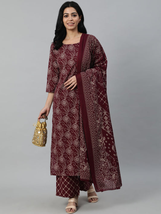 Women Burgundy & Beige Motifs Printed Pure Cotton Kurta With Plazzos And Dupatta | LASVINI - Redefining Indian Fashion with Elegance