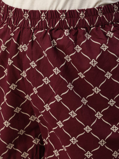 Women Burgundy & Beige Motifs Printed Pure Cotton Kurta With Plazzos And Dupatta | LASVINI - Redefining Indian Fashion with Elegance