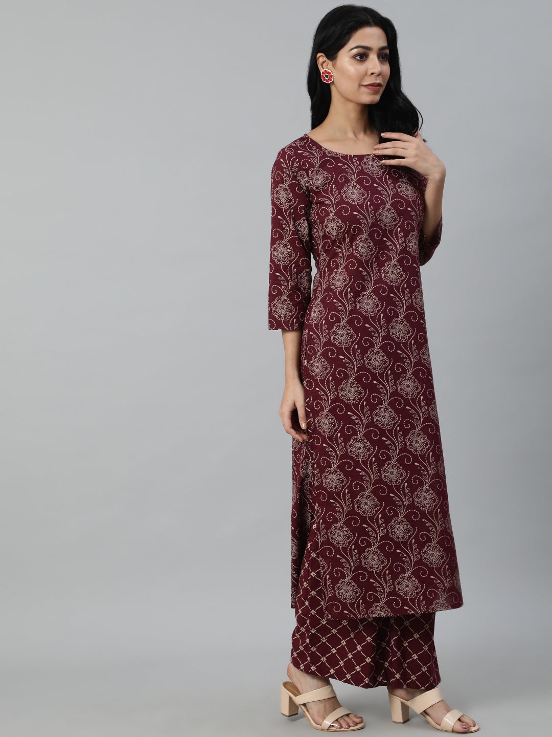 Women Burgundy & Beige Motifs Printed Pure Cotton Kurta With Plazzos And Dupatta | LASVINI - Redefining Indian Fashion with Elegance