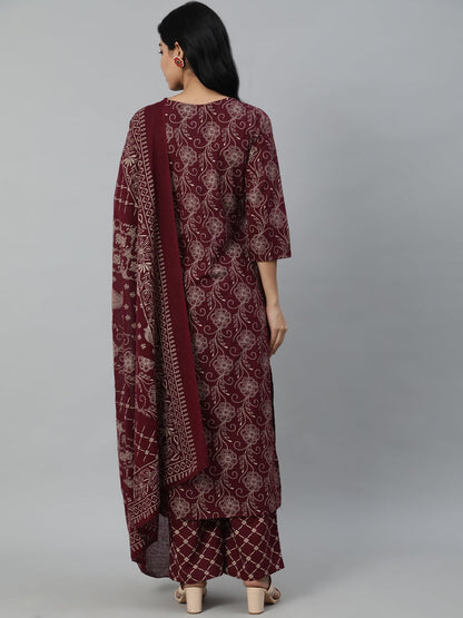Women Burgundy & Beige Motifs Printed Pure Cotton Kurta With Plazzos And Dupatta | LASVINI - Redefining Indian Fashion with Elegance