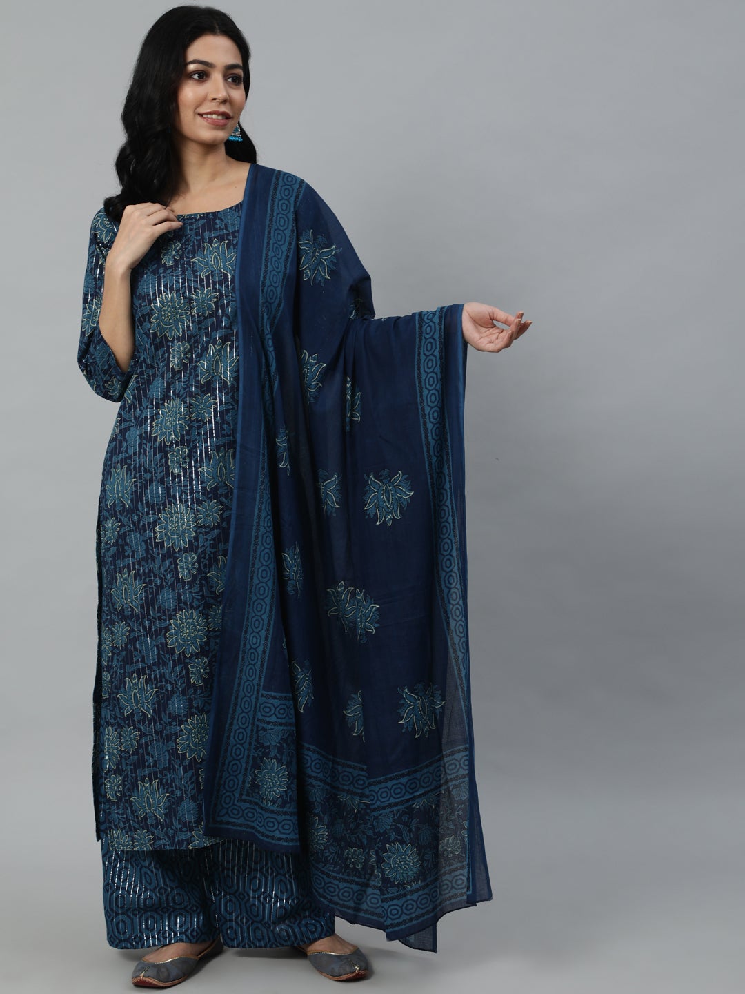 Women Blue Printed Straight Kurta With Plazo & Dupatta | LASVINI - Redefining Indian Fashion with Elegance