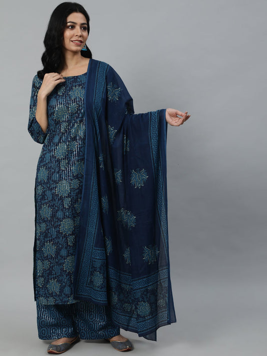 Women Blue Printed Straight Kurta With Plazo & Dupatta | LASVINI - Redefining Indian Fashion with Elegance