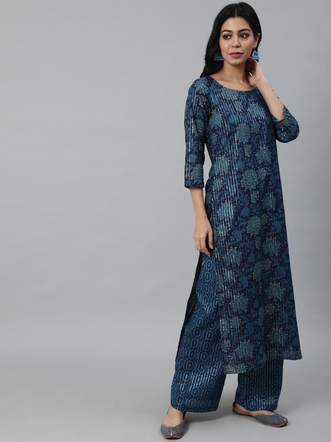 Women Blue Printed Straight Kurta With Plazo & Dupatta | LASVINI - Redefining Indian Fashion with Elegance