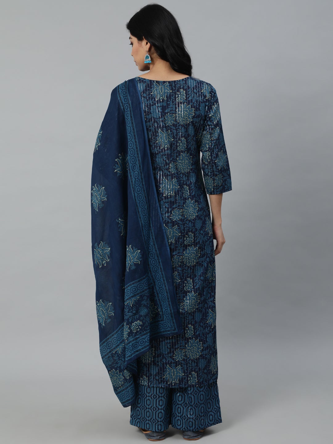 Women Blue Printed Straight Kurta With Plazo & Dupatta | LASVINI - Redefining Indian Fashion with Elegance