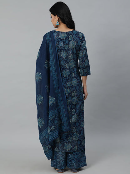 Women Blue Printed Straight Kurta With Plazo & Dupatta | LASVINI - Redefining Indian Fashion with Elegance