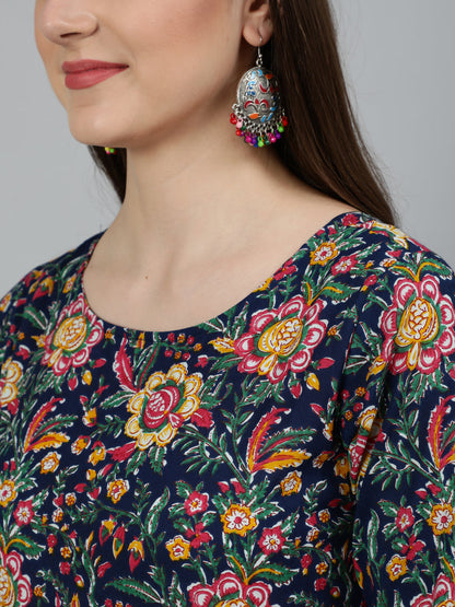 Women Blue Floral Printed Pure Cotton Kurta With Trouser And Dupatta | LASVINI - Redefining Indian Fashion with Elegance