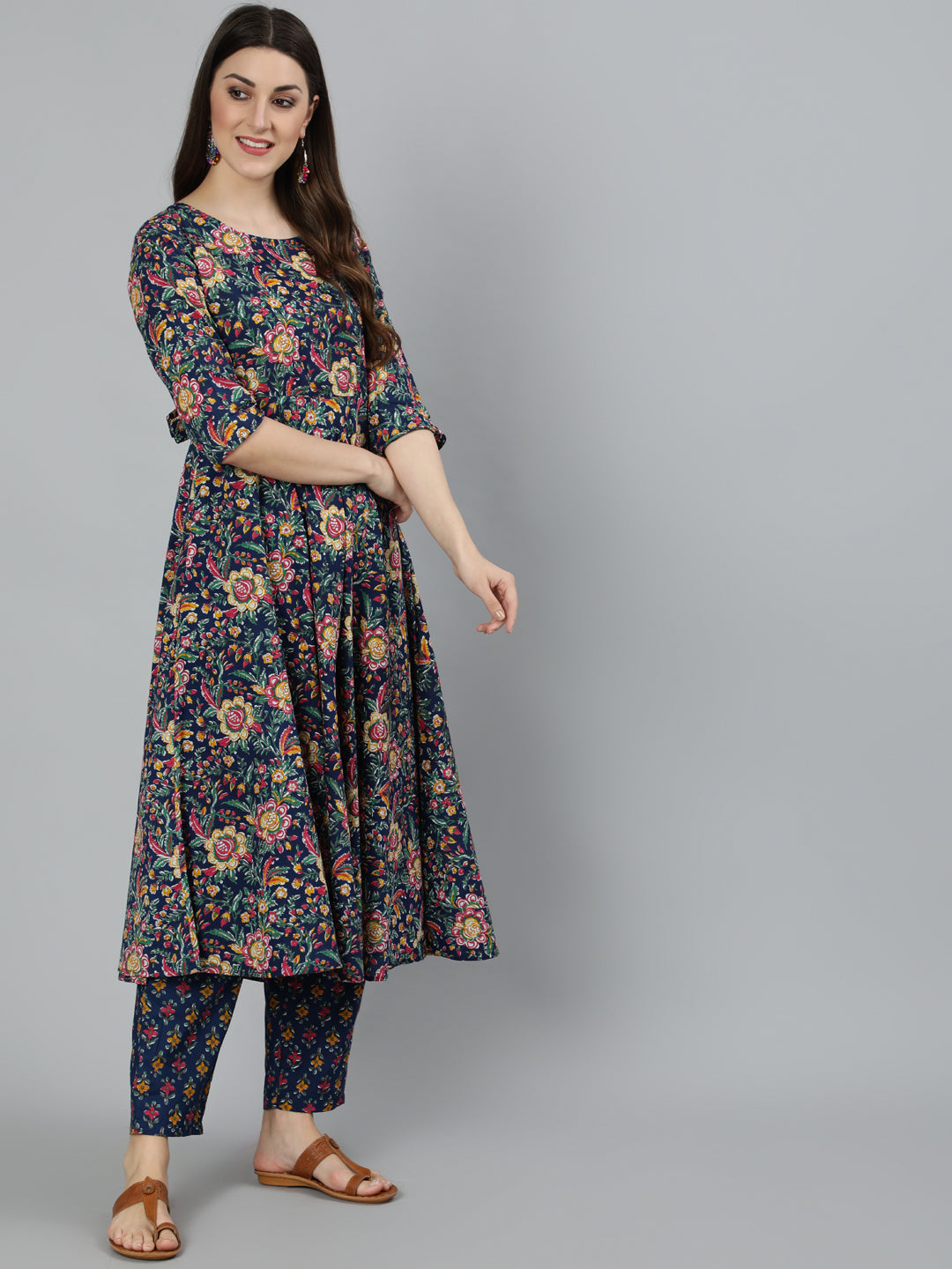 Women Blue Floral Printed Pure Cotton Kurta With Trouser And Dupatta | LASVINI - Redefining Indian Fashion with Elegance
