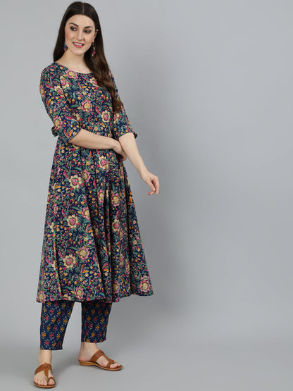 Women Blue Floral Printed Pure Cotton Kurta With Trouser And Dupatta | LASVINI - Redefining Indian Fashion with Elegance