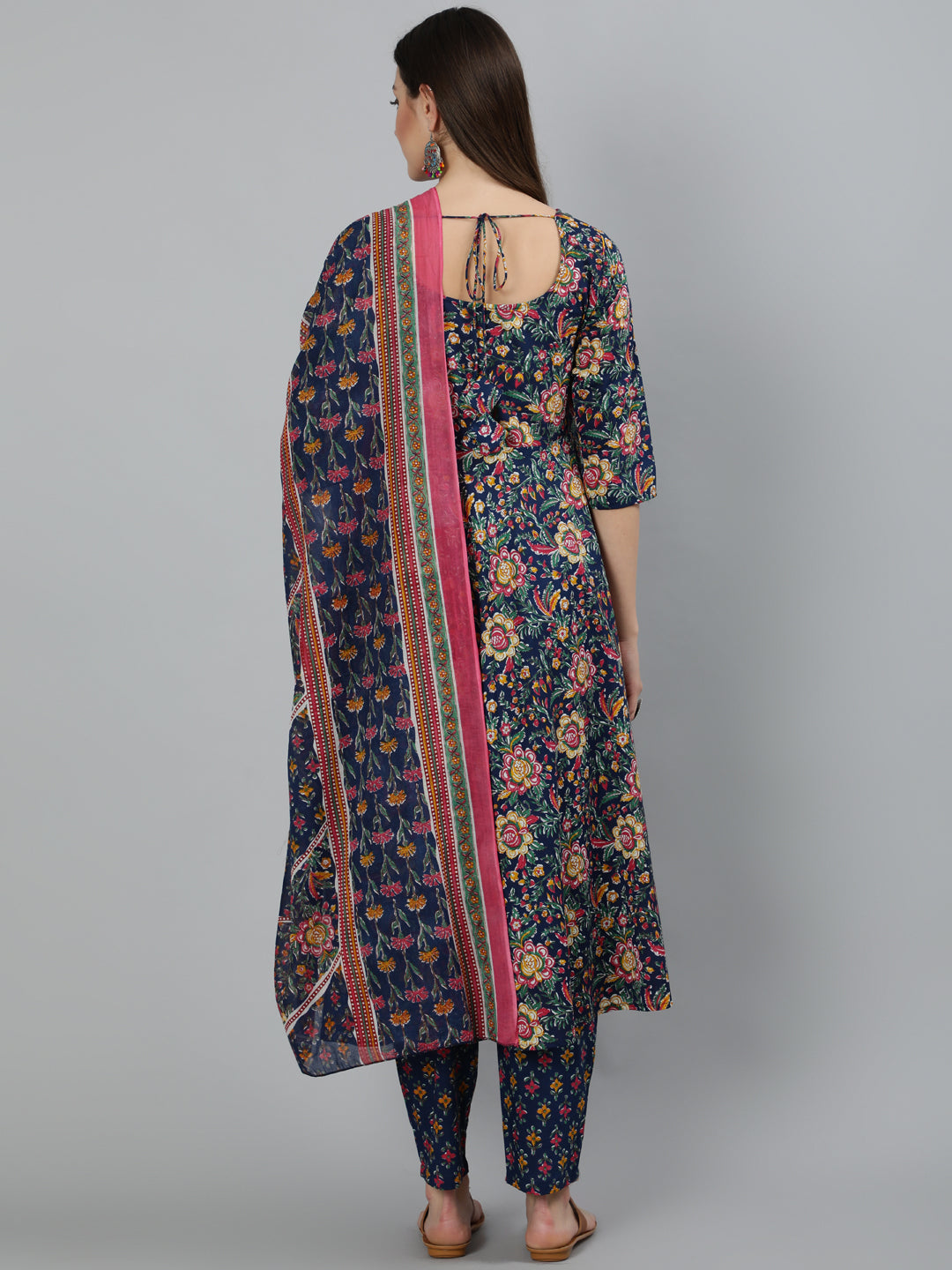 Women Blue Floral Printed Pure Cotton Kurta With Trouser And Dupatta | LASVINI - Redefining Indian Fashion with Elegance