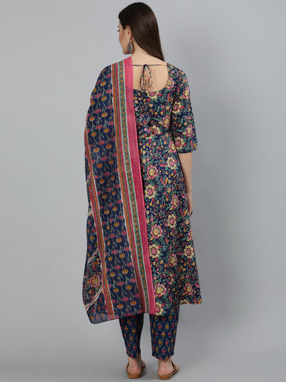 Women Blue Floral Printed Pure Cotton Kurta With Trouser And Dupatta | LASVINI - Redefining Indian Fashion with Elegance