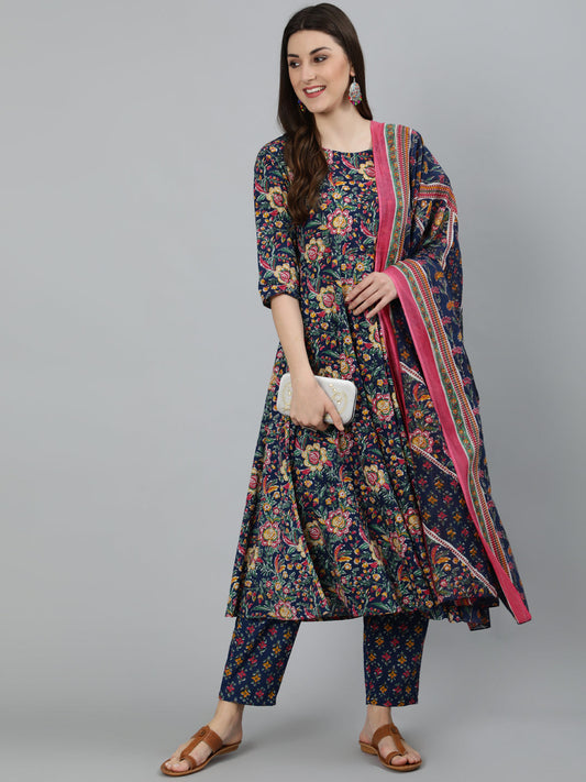 Women Blue Floral Printed Pure Cotton Kurta With Trouser And Dupatta | LASVINI - Redefining Indian Fashion with Elegance