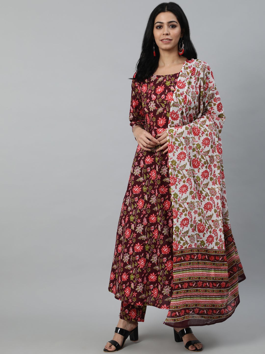 Women Burgundy Printed Flared Kurta With Trouser & Dupatta | LASVINI - Redefining Indian Fashion with Elegance