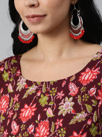 Women Burgundy Printed Flared Kurta With Trouser & Dupatta | LASVINI - Redefining Indian Fashion with Elegance