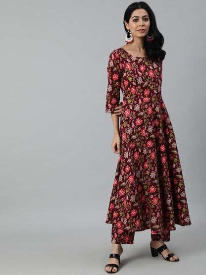 Women Burgundy Printed Flared Kurta With Trouser & Dupatta | LASVINI - Redefining Indian Fashion with Elegance