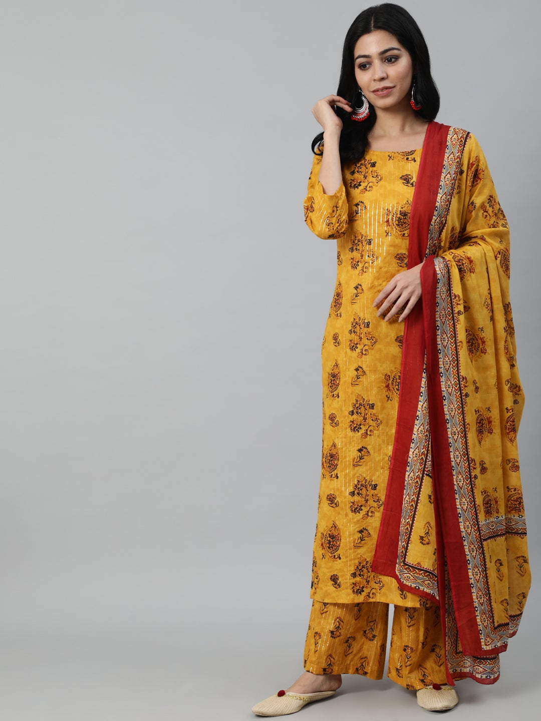 Women Mustard Yellow Ethnic Motifs Printed Layered Pure Cotton Kurta With Plazzos & Dupatta | LASVINI - Redefining Indian Fashion with Elegance