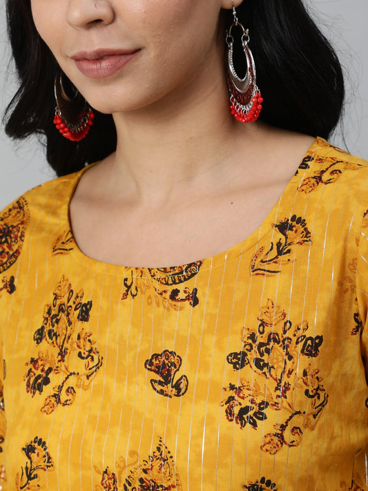 Women Mustard Yellow Ethnic Motifs Printed Layered Pure Cotton Kurta With Plazzos & Dupatta | LASVINI - Redefining Indian Fashion with Elegance