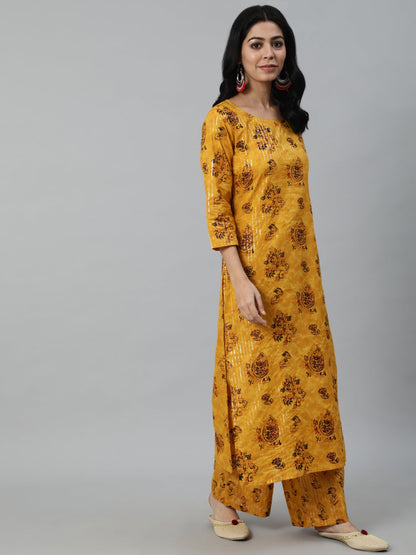 Women Mustard Yellow Ethnic Motifs Printed Layered Pure Cotton Kurta With Plazzos & Dupatta | LASVINI - Redefining Indian Fashion with Elegance