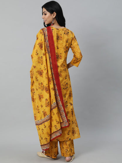 Women Mustard Yellow Ethnic Motifs Printed Layered Pure Cotton Kurta With Plazzos & Dupatta | LASVINI - Redefining Indian Fashion with Elegance