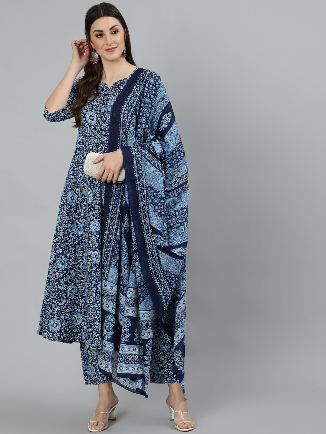 Women Blue Ethnic Motifs Printed  Pure Cotton Kurta With Palazzos & Dupatta | LASVINI - Redefining Indian Fashion with Elegance